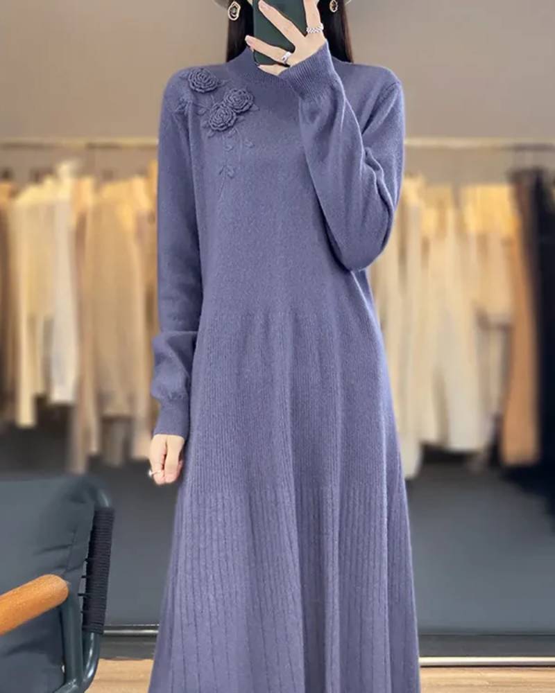 wool & cashmere A-line dress, long sleeves, midi length, ribbed funnel neck, soft camel—effortless winter elegance for her.