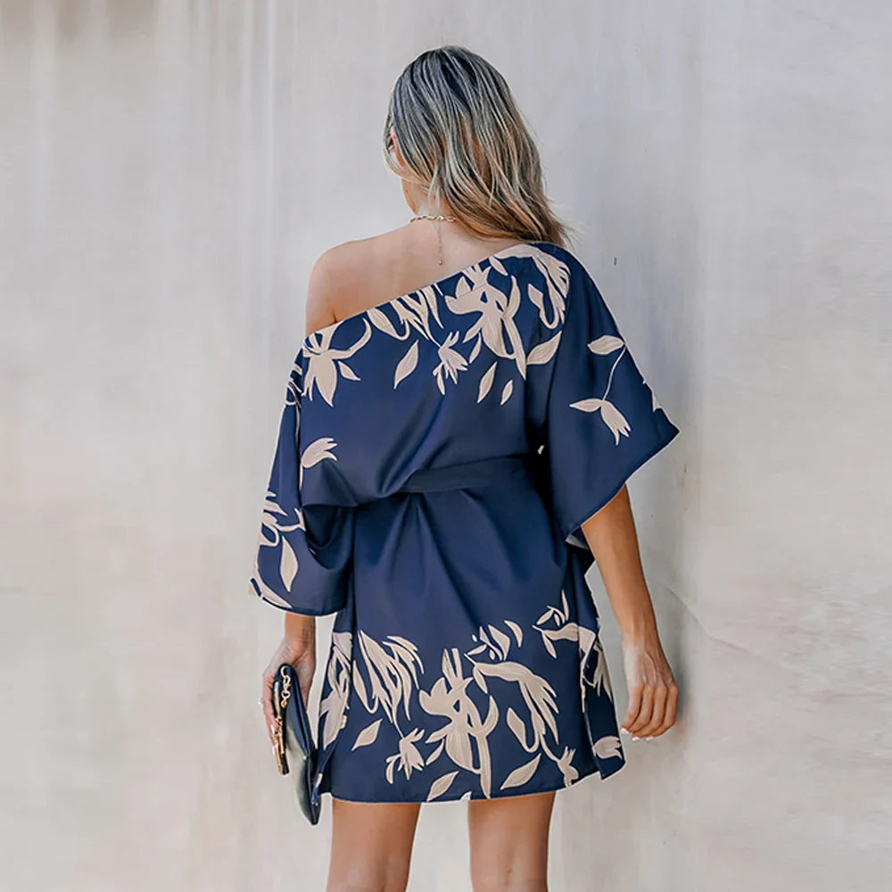 Leaf Print One-Shoulder Belted Mini Dress