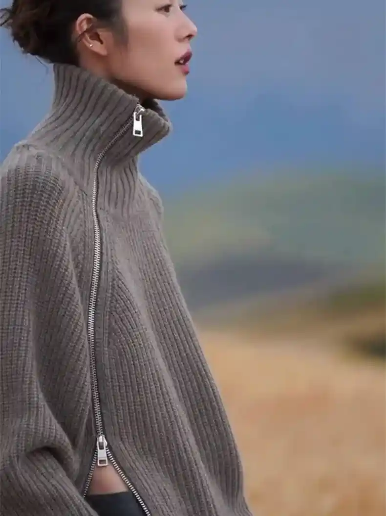 Oversized Irregular Zipper High Neck Cashmere Sweater