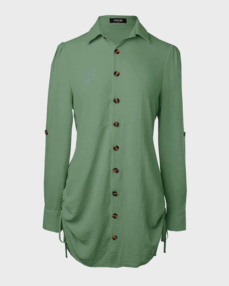Long Sleeve Drawstring Button Shirt Dress