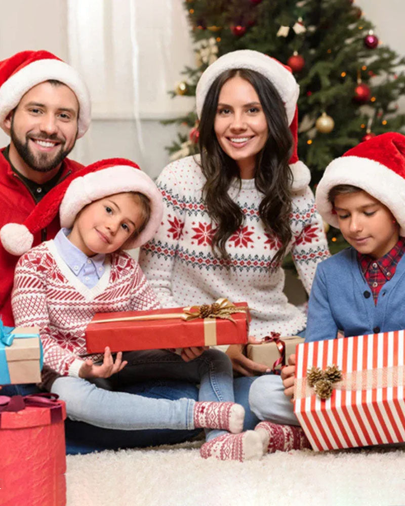 Family posing in the Christmas Santa Hat for Adult & Kids, extra-long 75 cm plush and hidden battery box make ears dance—your festive 35-55 °F holiday essential that doubles as a party prop.