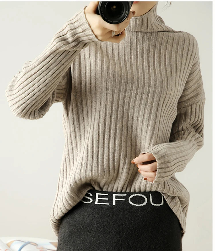 Ribbed Knit Turtleneck Wool Sweater