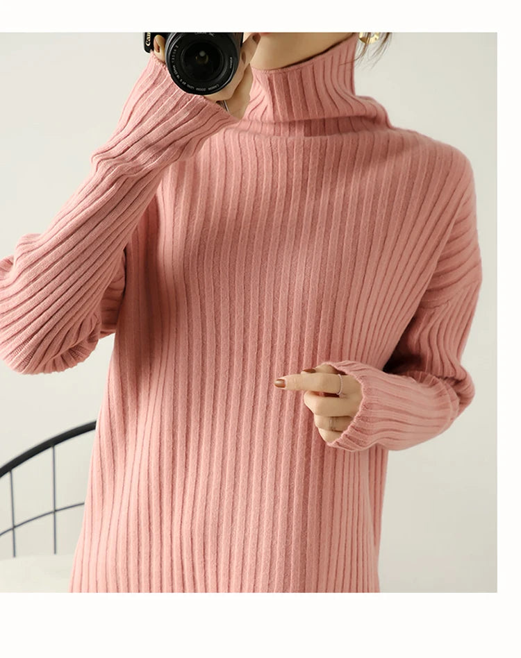 Ribbed Knit Turtleneck Wool Sweater
