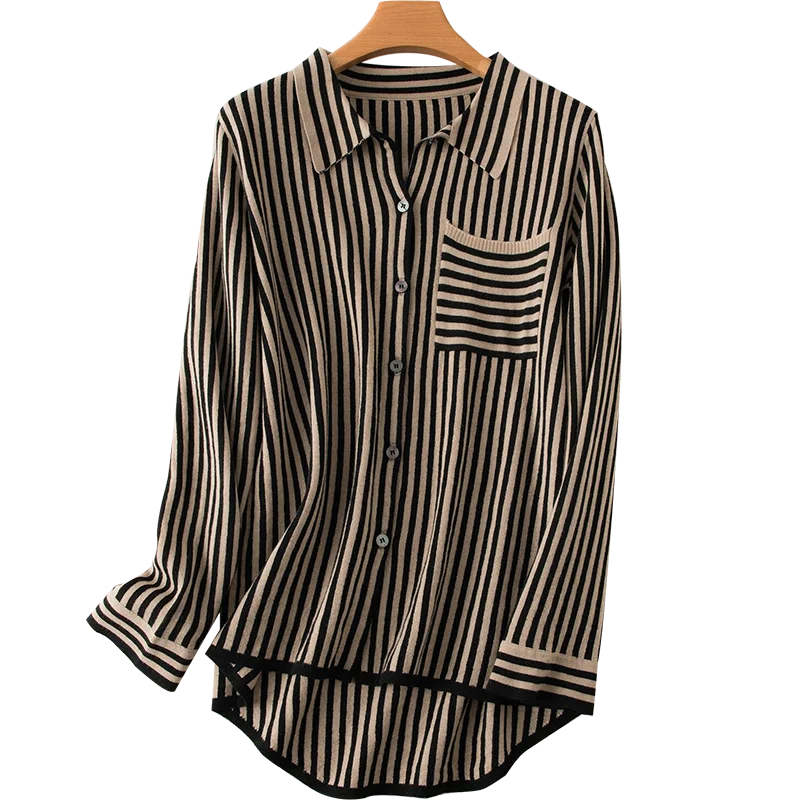 Striped Turn-down Collar Wool Knitted Shirt