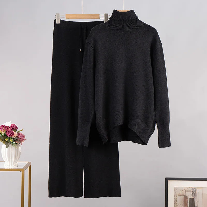 Thick Turtleneck Sweater & Wide Leg Pants Set
