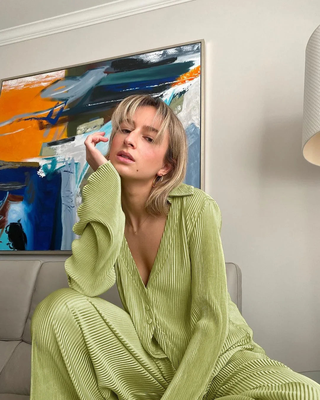 Pleated Long Sleeve Shirt And Pants Set