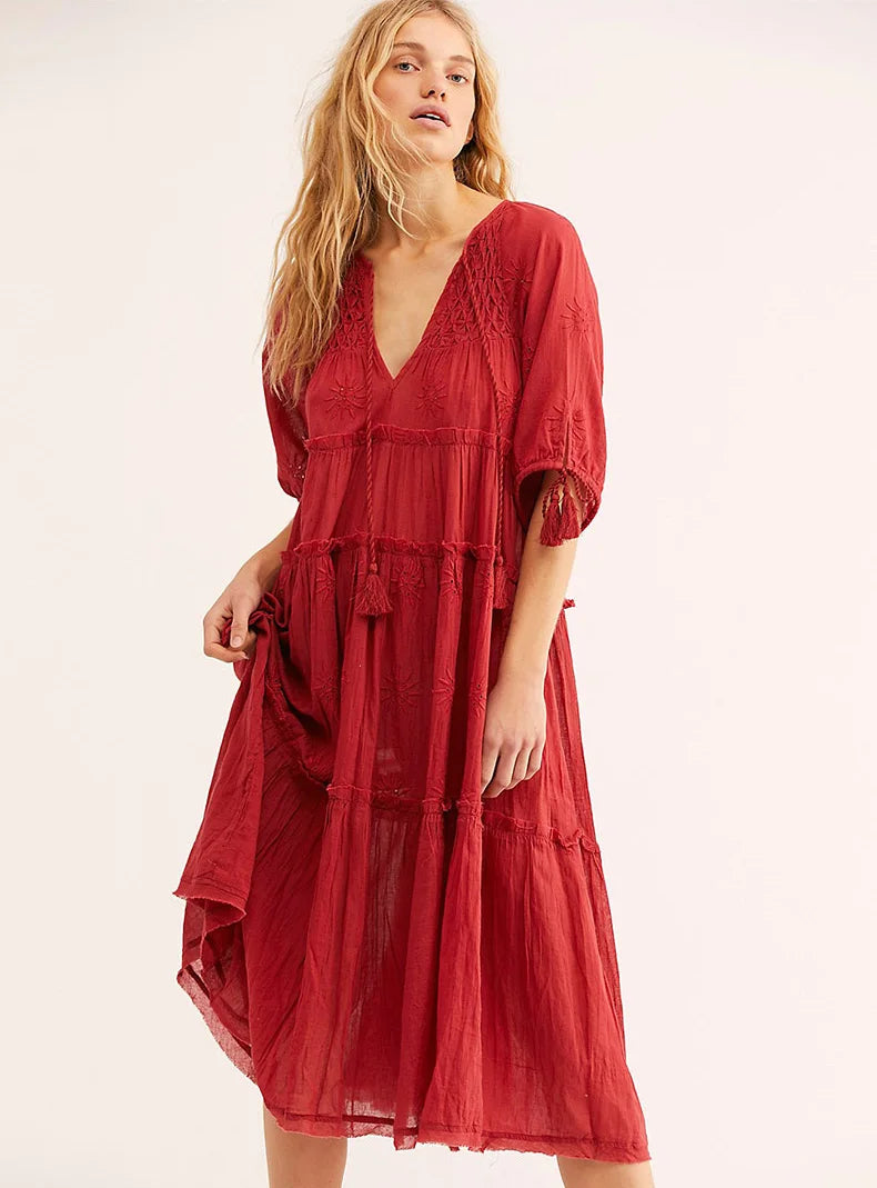 V-Neck Half Sleeve Vintage Boho Loose Cotton Dress