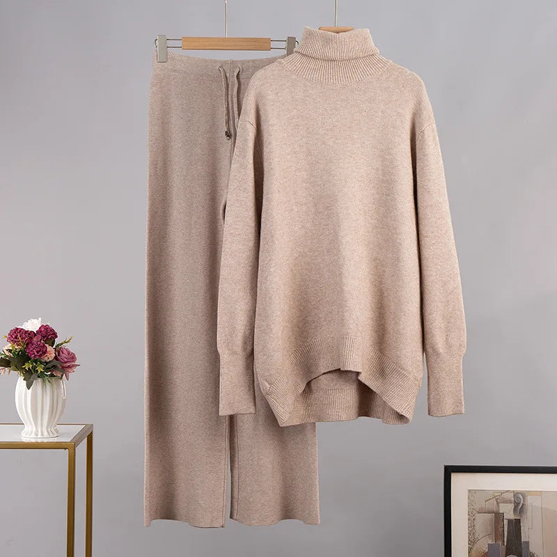 Thick Turtleneck Sweater & Wide Leg Pants Set