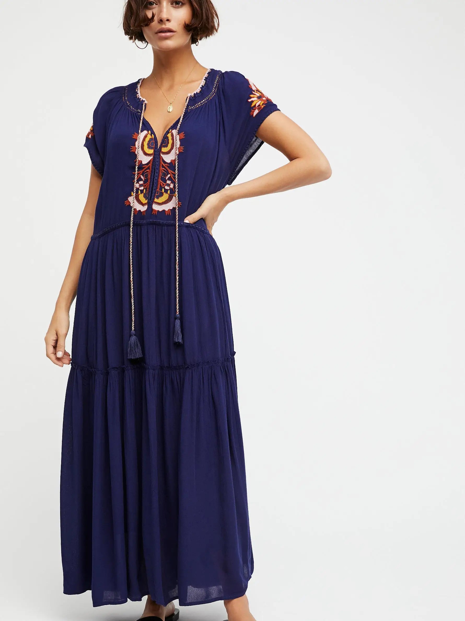 Embroidery V-Neck Tassel Bohemian Maxi Dress