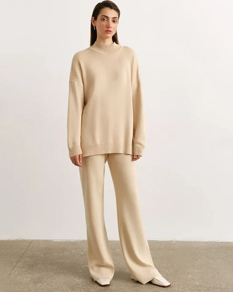 Half Turtleneck Sweater & Wide Leg Pants Knitted Set