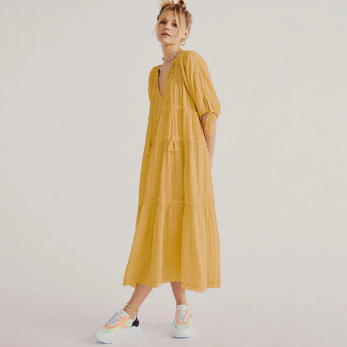 V-Neck Half Sleeve Vintage Boho Loose Cotton Dress