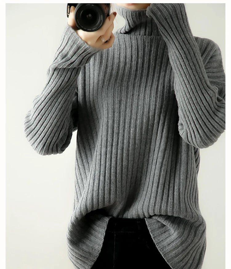 Ribbed Knit Turtleneck Wool Sweater