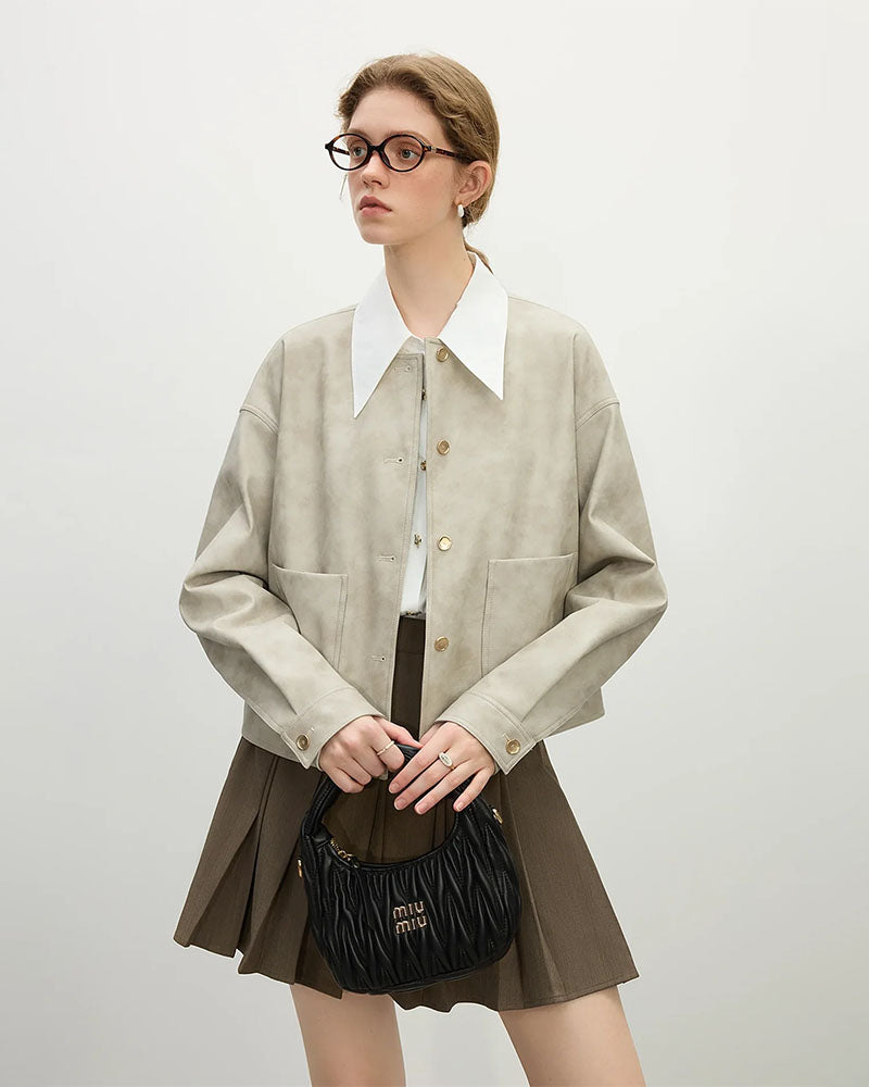 PU Leather Round Neck Short Jackets