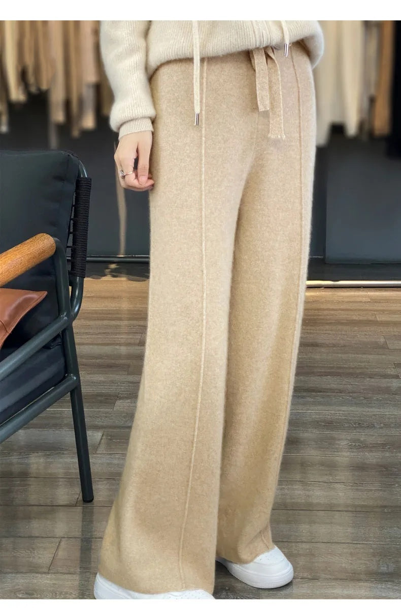 Drawstring High Waist Wide-Leg Wool Pants