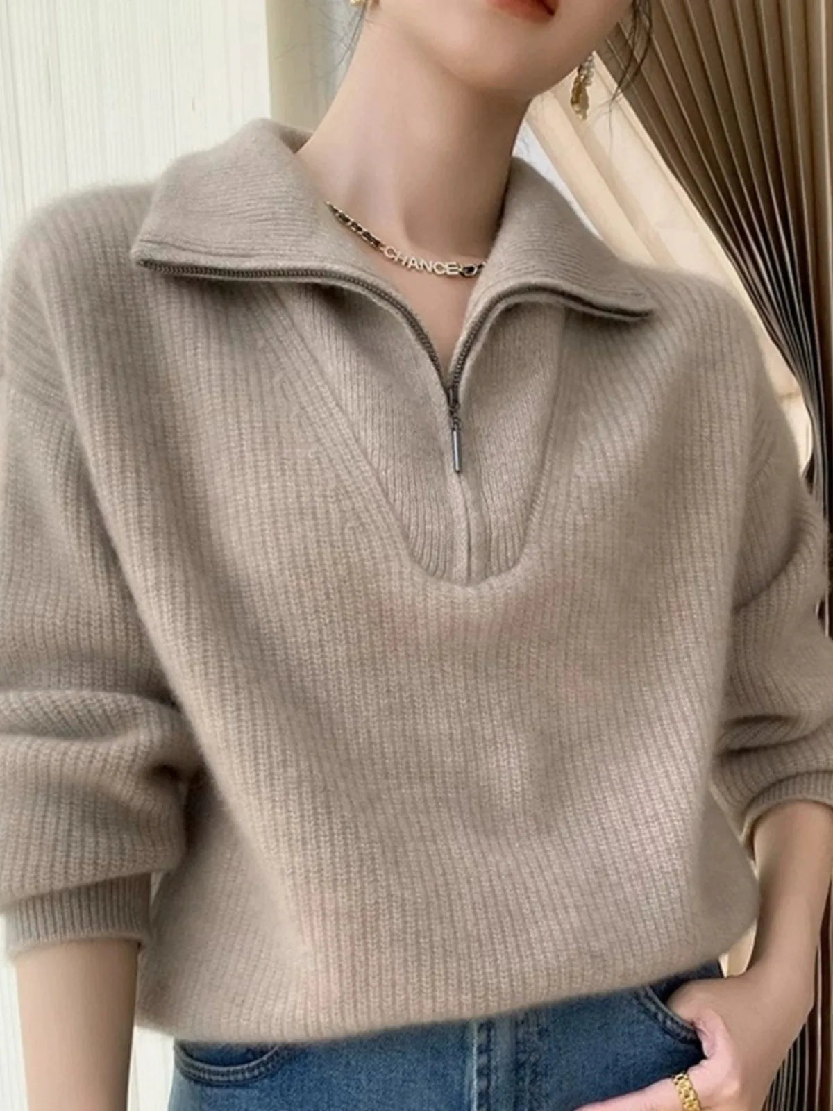 Gentle Herd Lapel Zipper Cashmere Pullover
