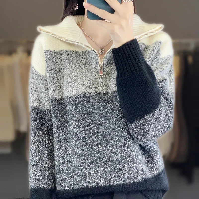 Color Block High Collar Wool Knitted Pullover Sweater