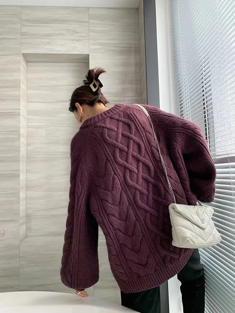 Twisted Woolen Knit Round Neck Sweater