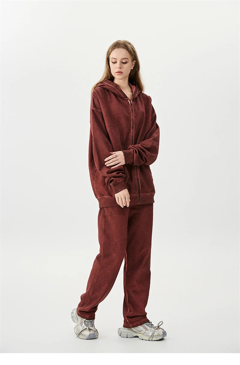 Zipper Washed Distressed Oversized Cotton Hoodies