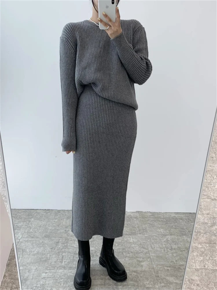 Ribbed Knited Round-Neck Sweater & Midi Skirt Set