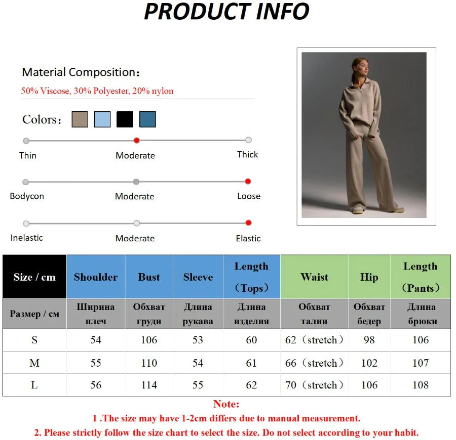 Casual Polo Neck Sweater & Wide Leg Sweatpants Set