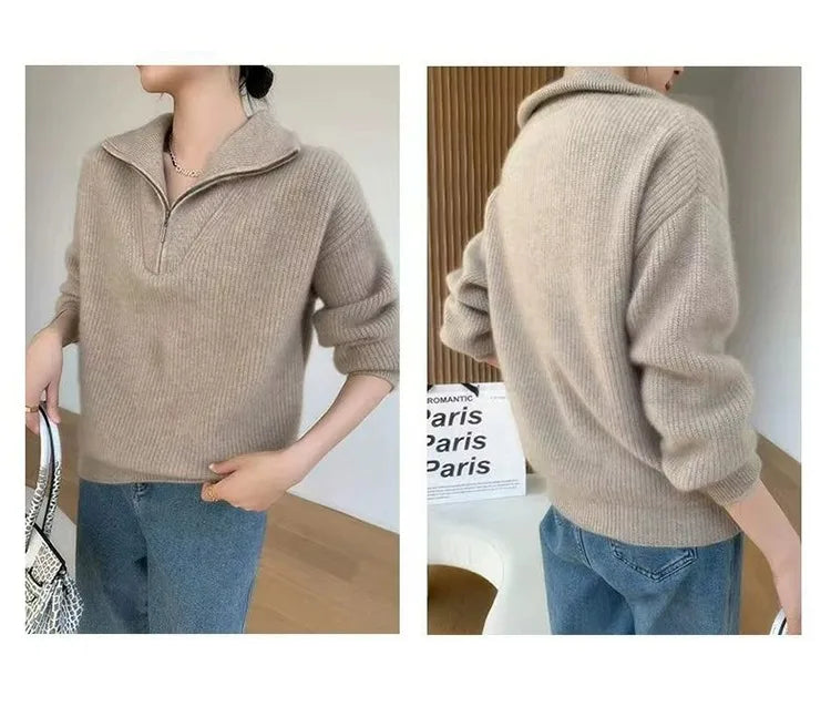 Gentle Herd Lapel Zipper Cashmere Pullover