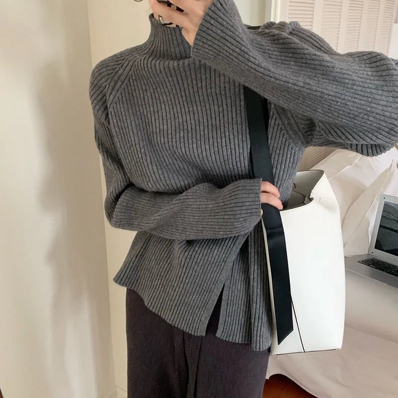 Mock Neck Ribbed Split Pullover