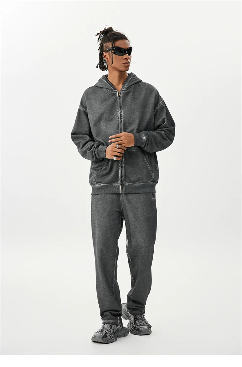Zipper Washed Distressed Oversized Cotton Hoodies