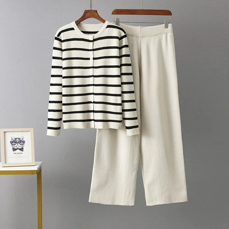 O Neck Buttons Stripe Knit Loose Sweater Sets
