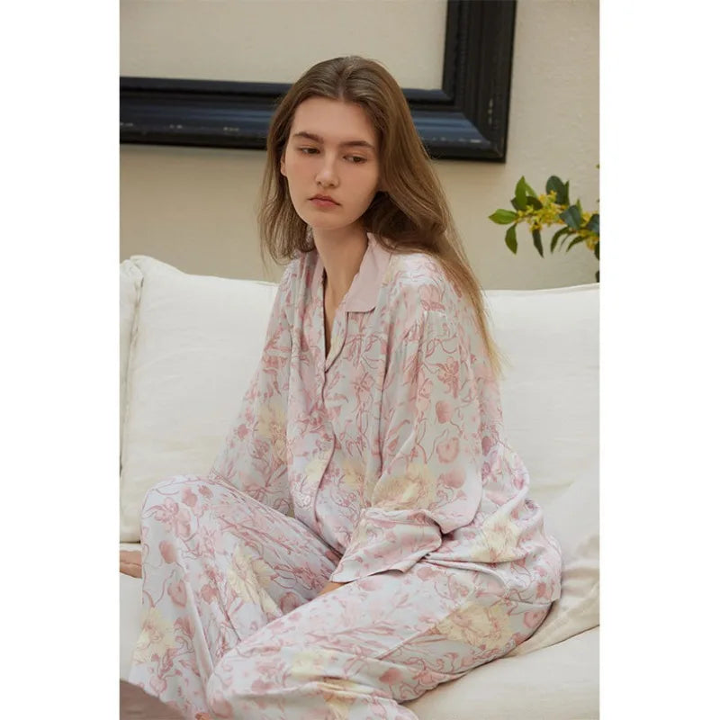 Rayon Satin Floral Print Lapel Pajamas