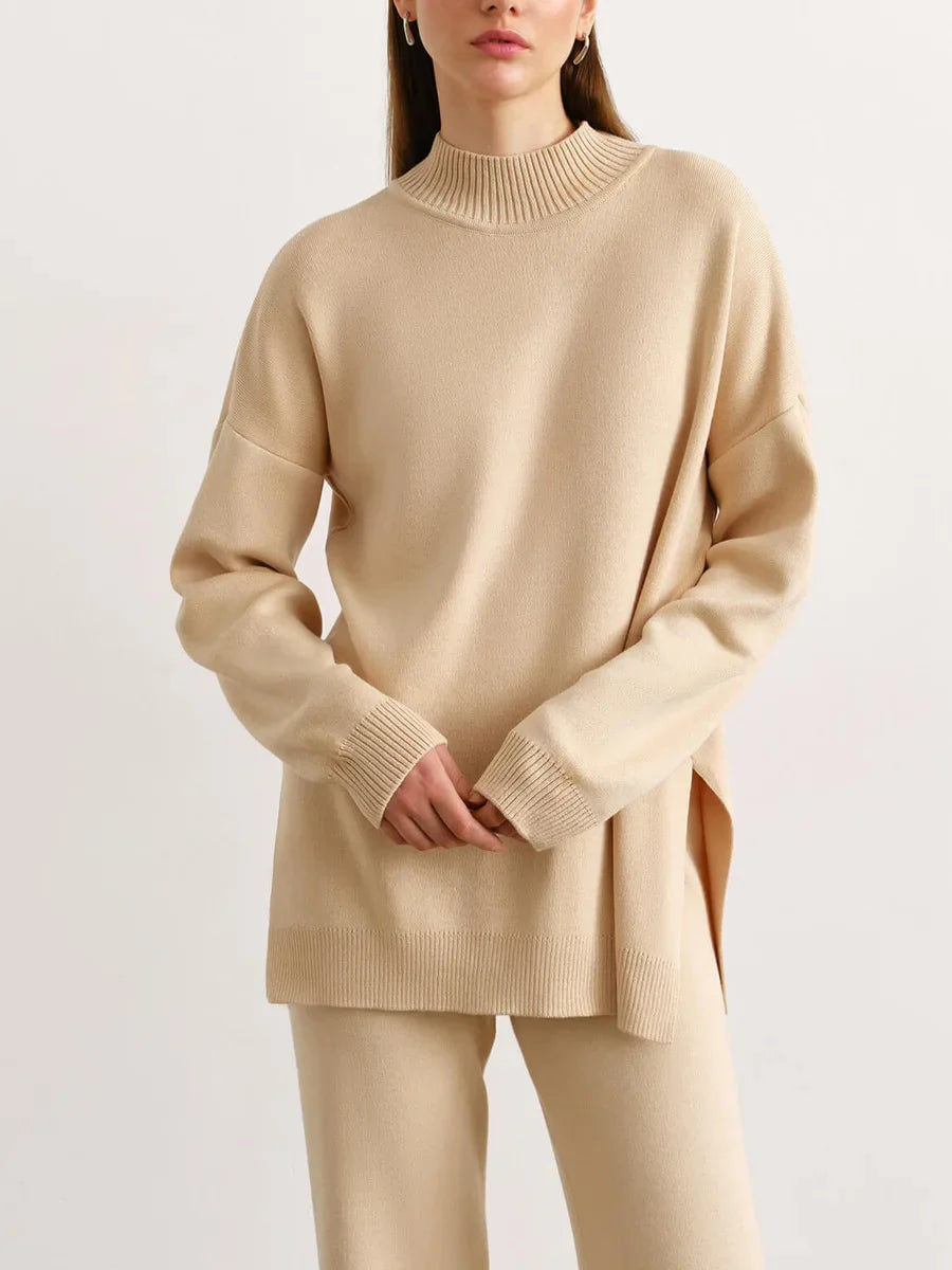 Half Turtleneck Sweater & Wide Leg Pants Knitted Set