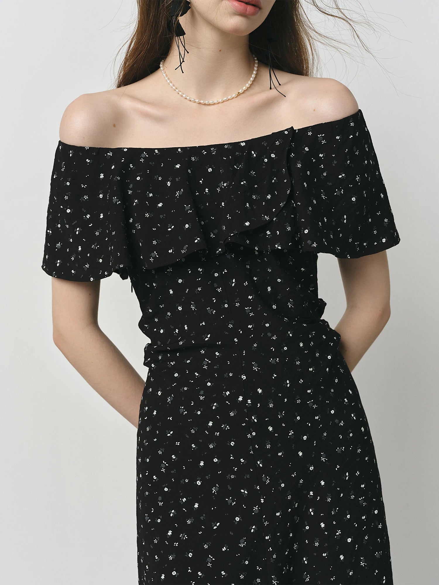 Charmeuse Ruffled Off Shoulder Skirt Dress