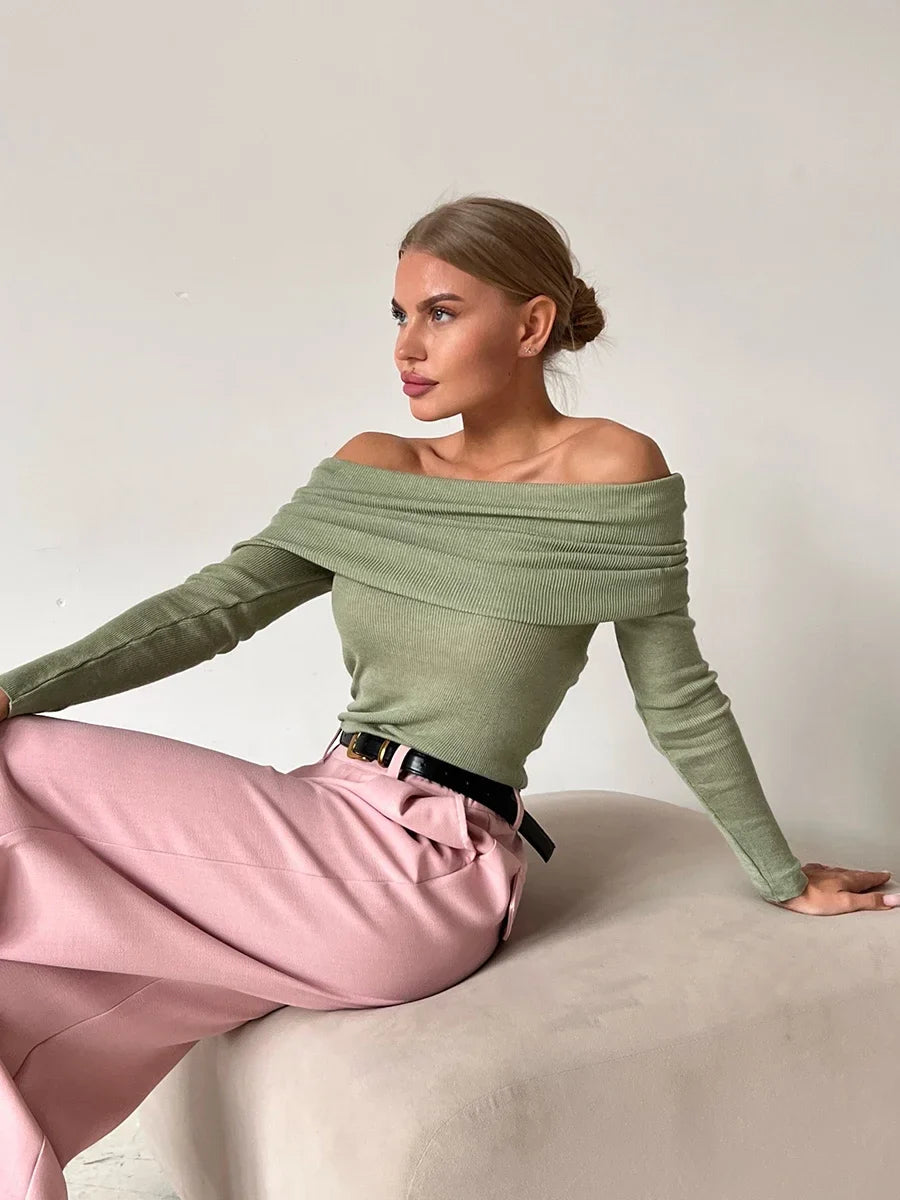 Off Shoulder Slim Fit Knitted Pullover
