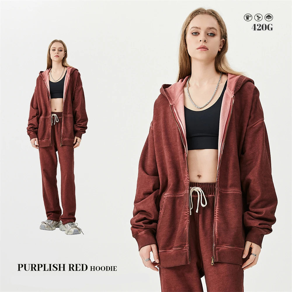 Zipper Washed Distressed Oversized Cotton Hoodies