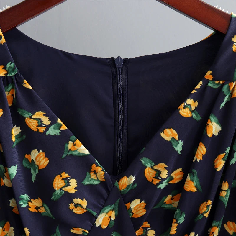 Floral Printed V-Neck Chiffon Dress