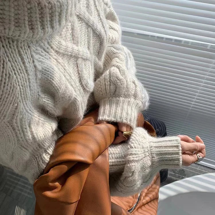 Twisted Woolen Knit Round Neck Sweater