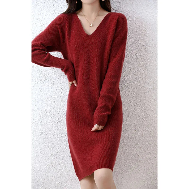 V-Neck 100% Merino Wool Knitted Dress GentleHerd