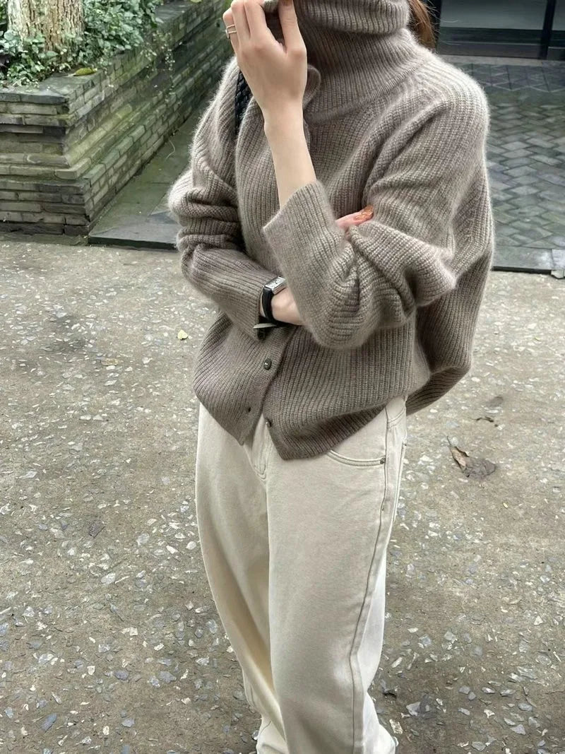 High Neck Pure Wool Short Cardigan