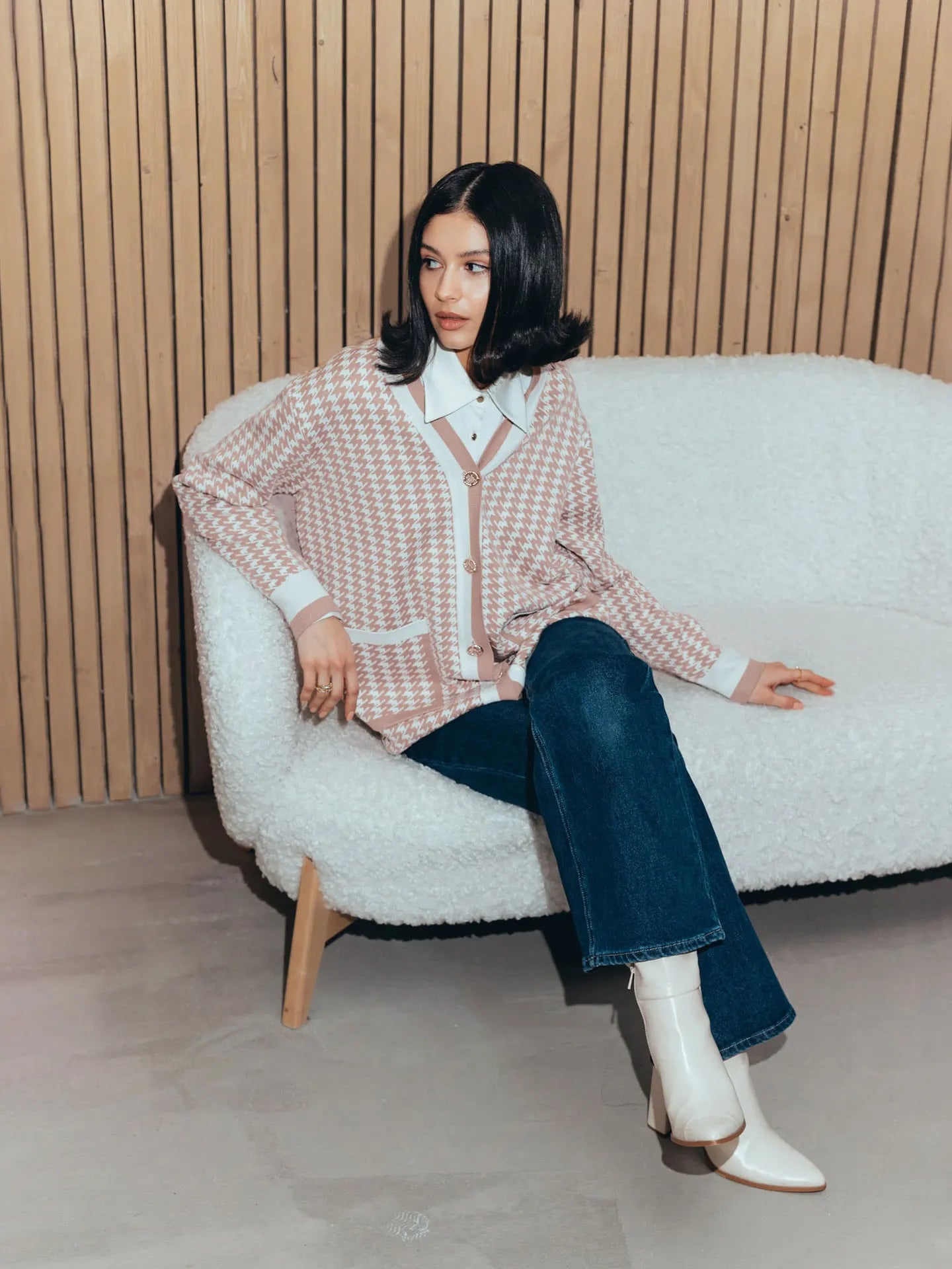 Vintage V-neck Houndstooth Knitted Cardigan