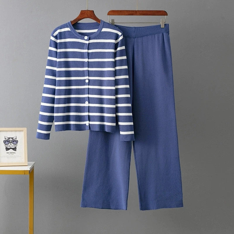 O Neck Buttons Stripe Knit Loose Sweater Sets