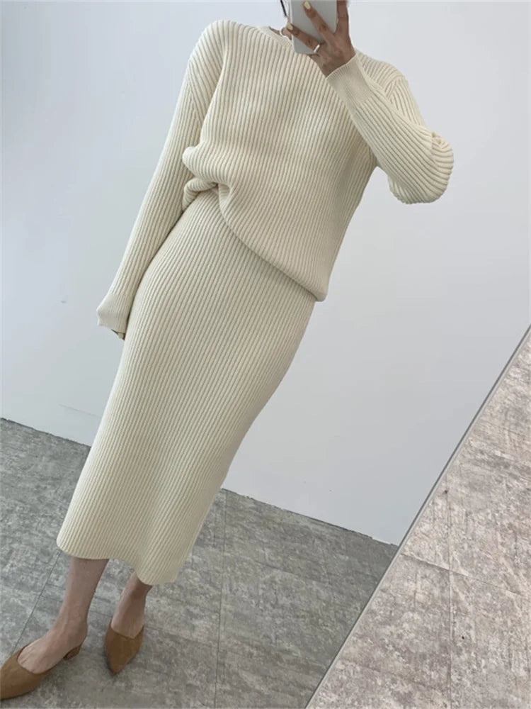 Ribbed Knited Round-Neck Sweater & Midi Skirt Set