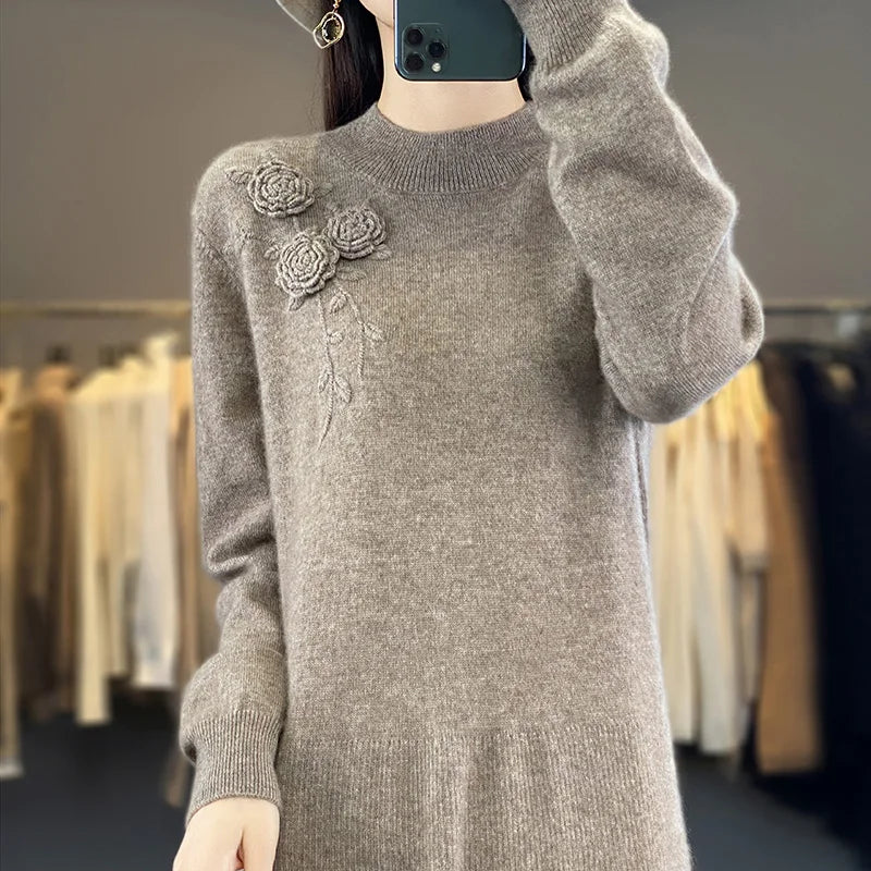 100% Pure Wool Knitted A-Line Long Sleeves Dress
