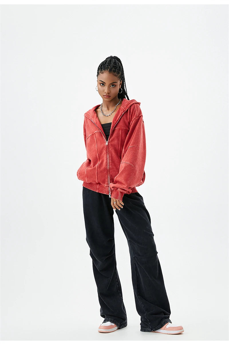 100% Cotton Retro Washed Zipper Hoodies