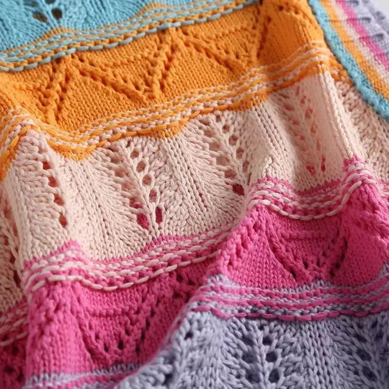 Rainbow Acrylic Knitted O-Neck Hollow Out Vest