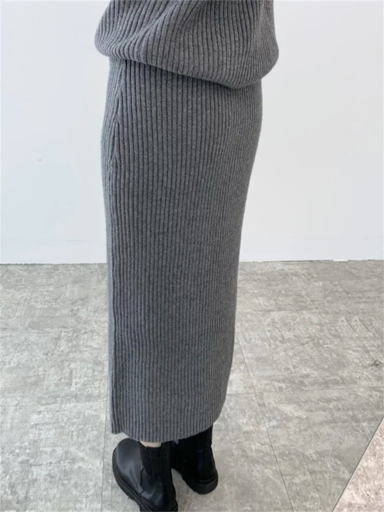 Ribbed Knited Round-Neck Sweater & Midi Skirt Set