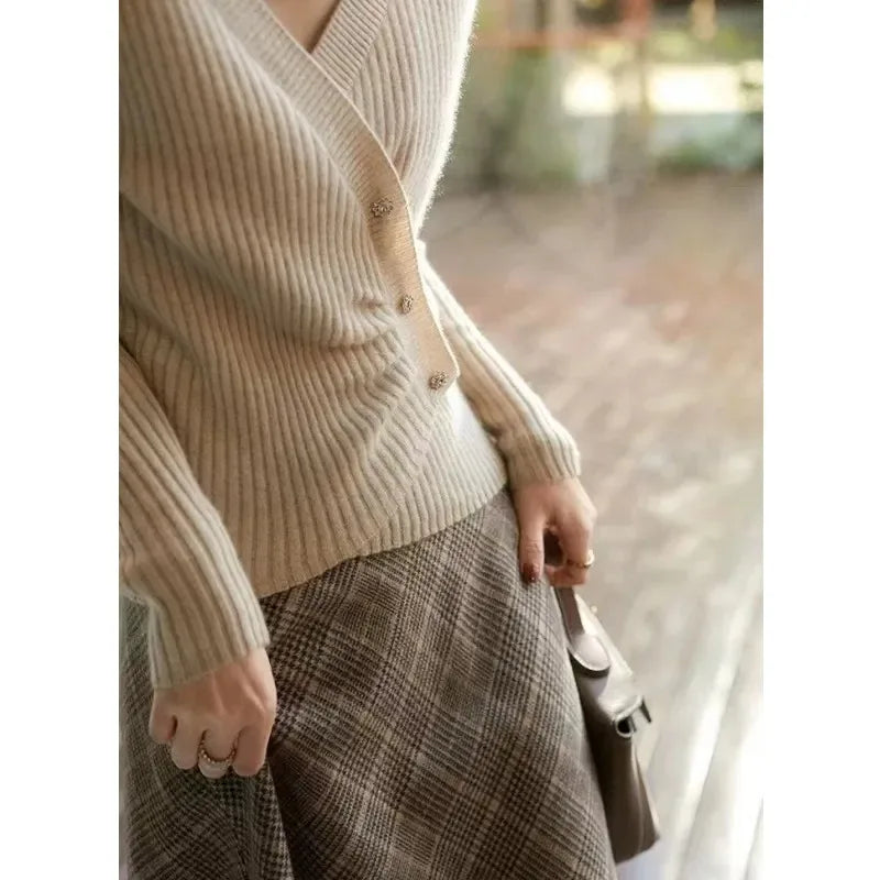 Designers' V-neck Wool Sweater with Asymmetrical Buttons