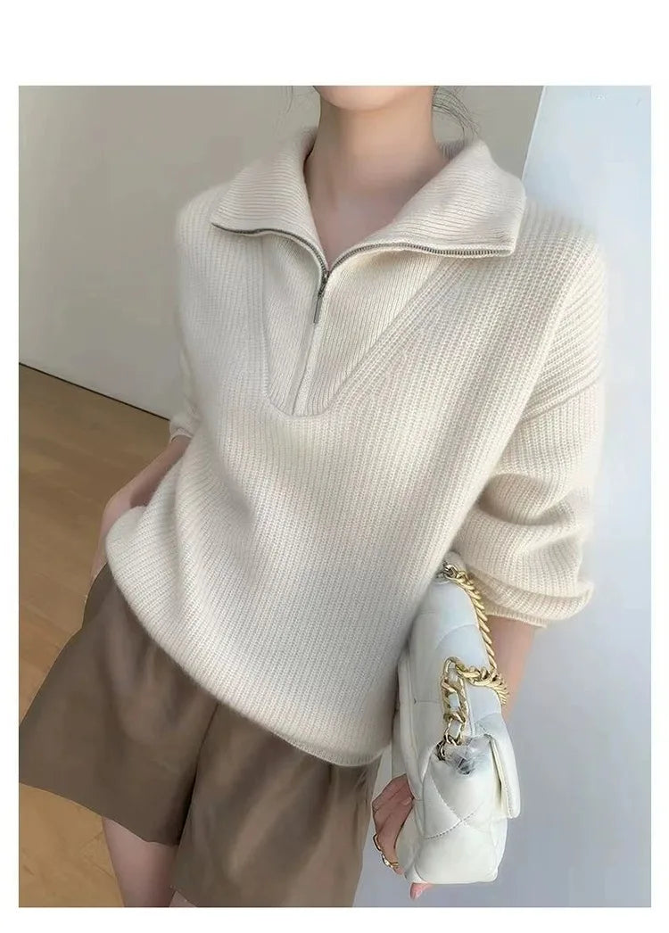 Gentle Herd Lapel Zipper Cashmere Pullover
