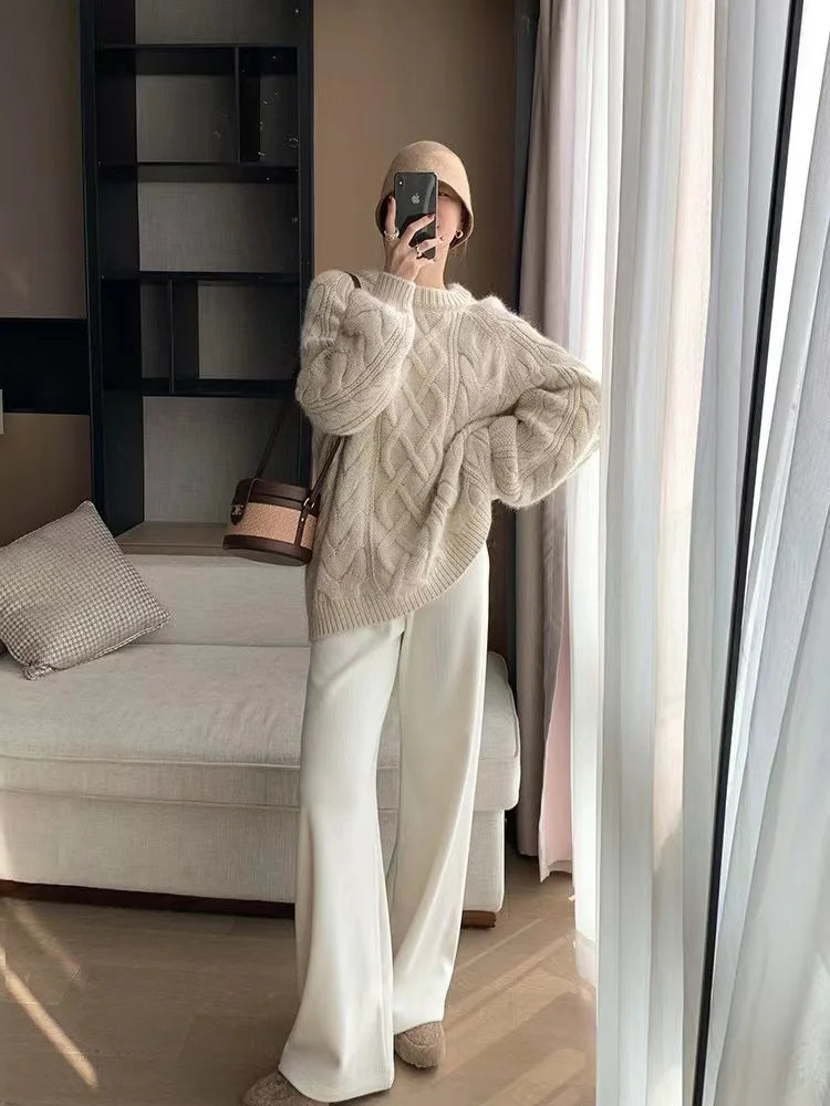 Twisted Woolen Knit Round Neck Sweater