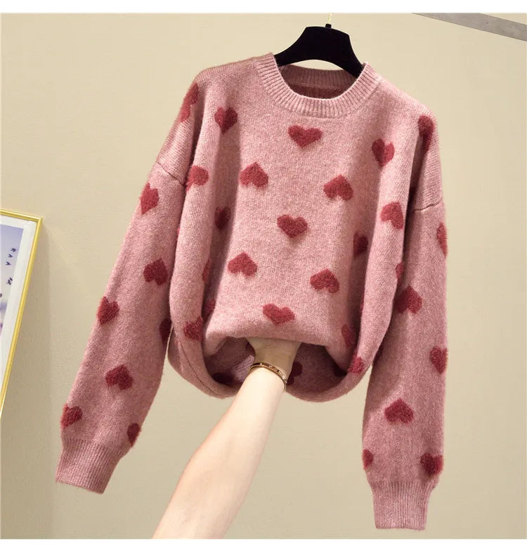 Pink Heart Winter Knitted Sweater