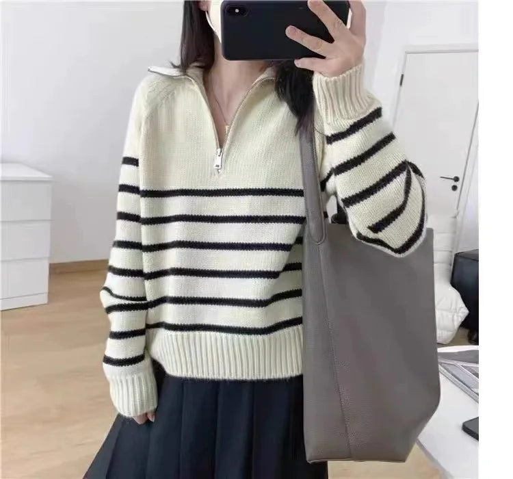 Half Zipper Striped Pure Cashmere Pullover