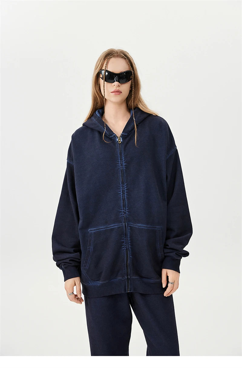 Zipper Washed Distressed Oversized Cotton Hoodies